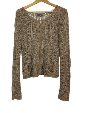 Anne Klein Crochet Cardigan Silk Linen Embroidered Open Knit Tan Beige Size L